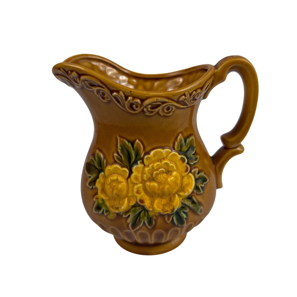Vintage Brown Ceramic Pitcher Floral Embossed Made in Japan Cottagecore‎